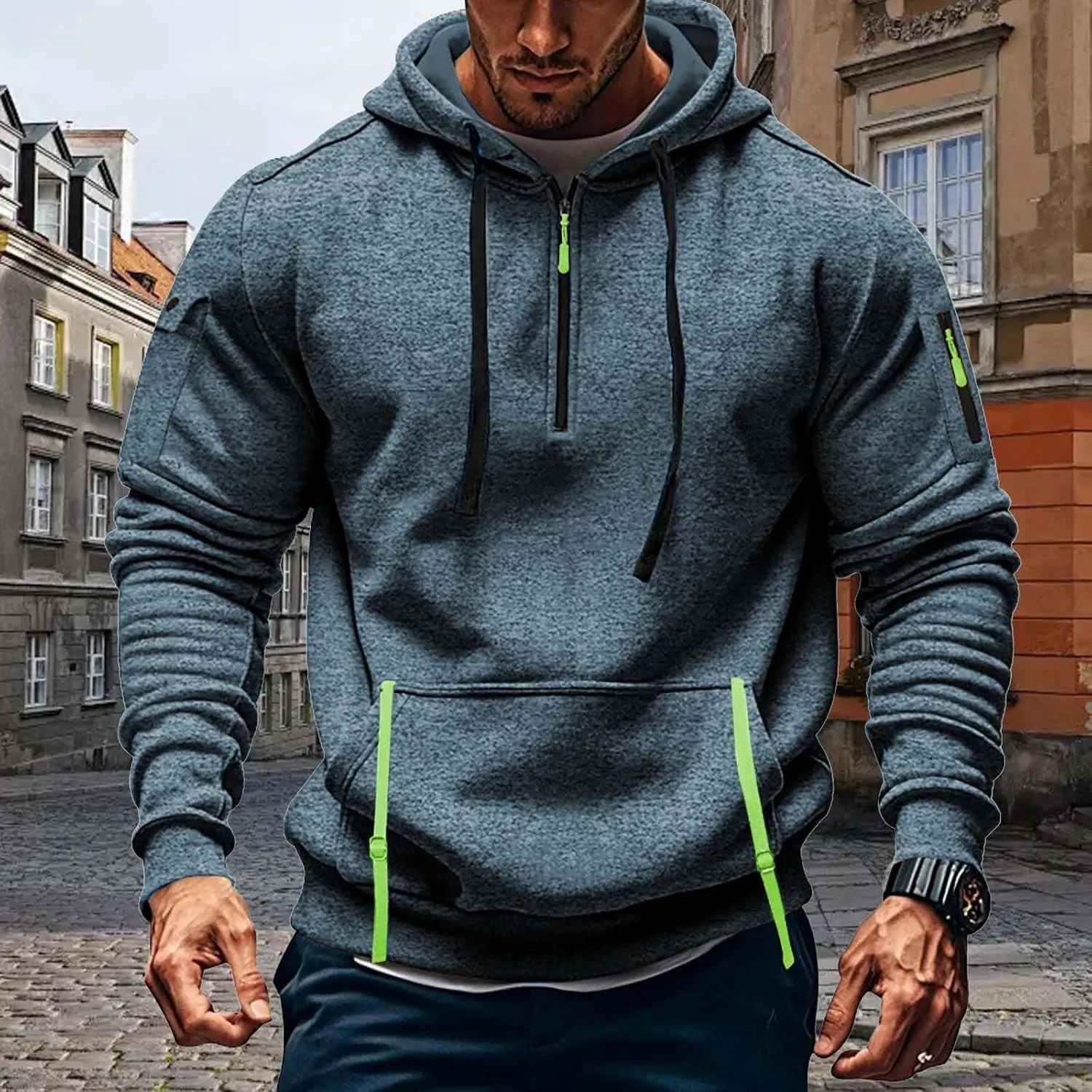 Tactical Hoodies Men Quarter Zip Pullover Vintage Workout Hoodies with Zipper Pockets Trendy Military Sweatshirt
