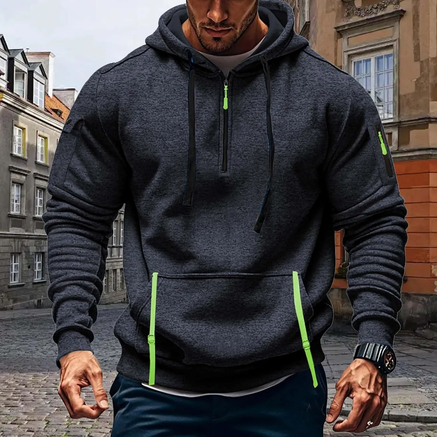 Tactical Hoodies Men Quarter Zip Pullover Vintage Workout Hoodies with Zipper Pockets Trendy Military Sweatshirt