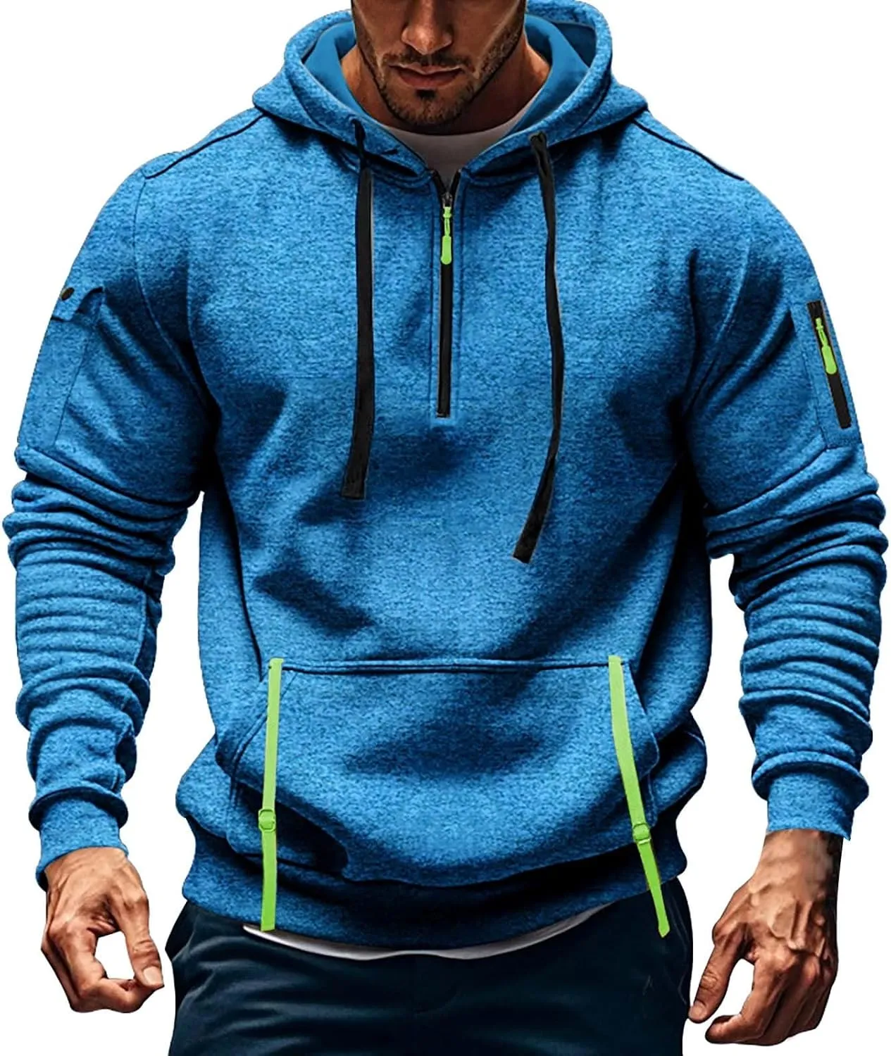 Tactical Hoodies Men Quarter Zip Pullover Vintage Workout Hoodies with Zipper Pockets Trendy Military Sweatshirt