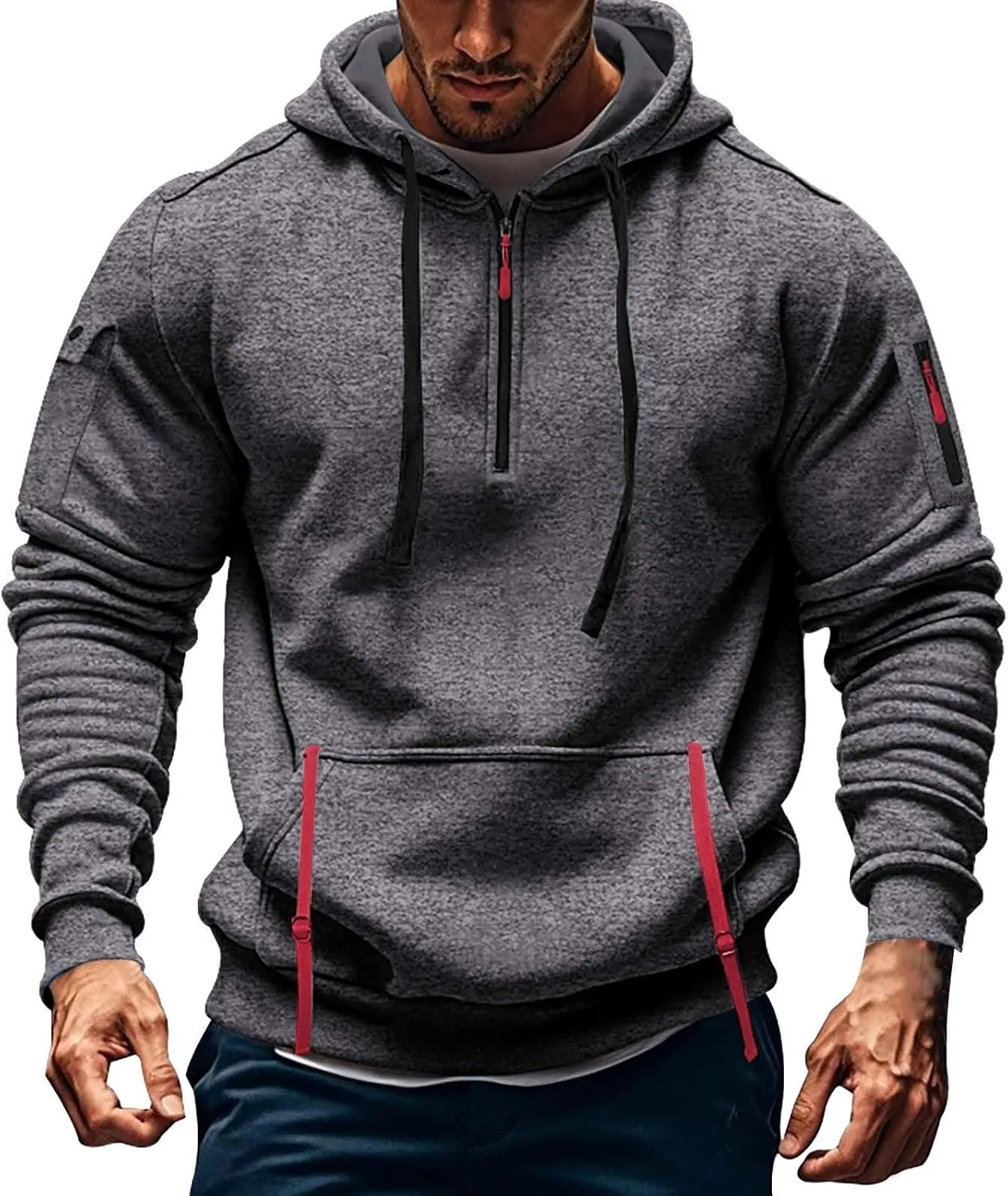 Tactical Hoodies Men Quarter Zip Pullover Vintage Workout Hoodies with Zipper Pockets Trendy Military Sweatshirt