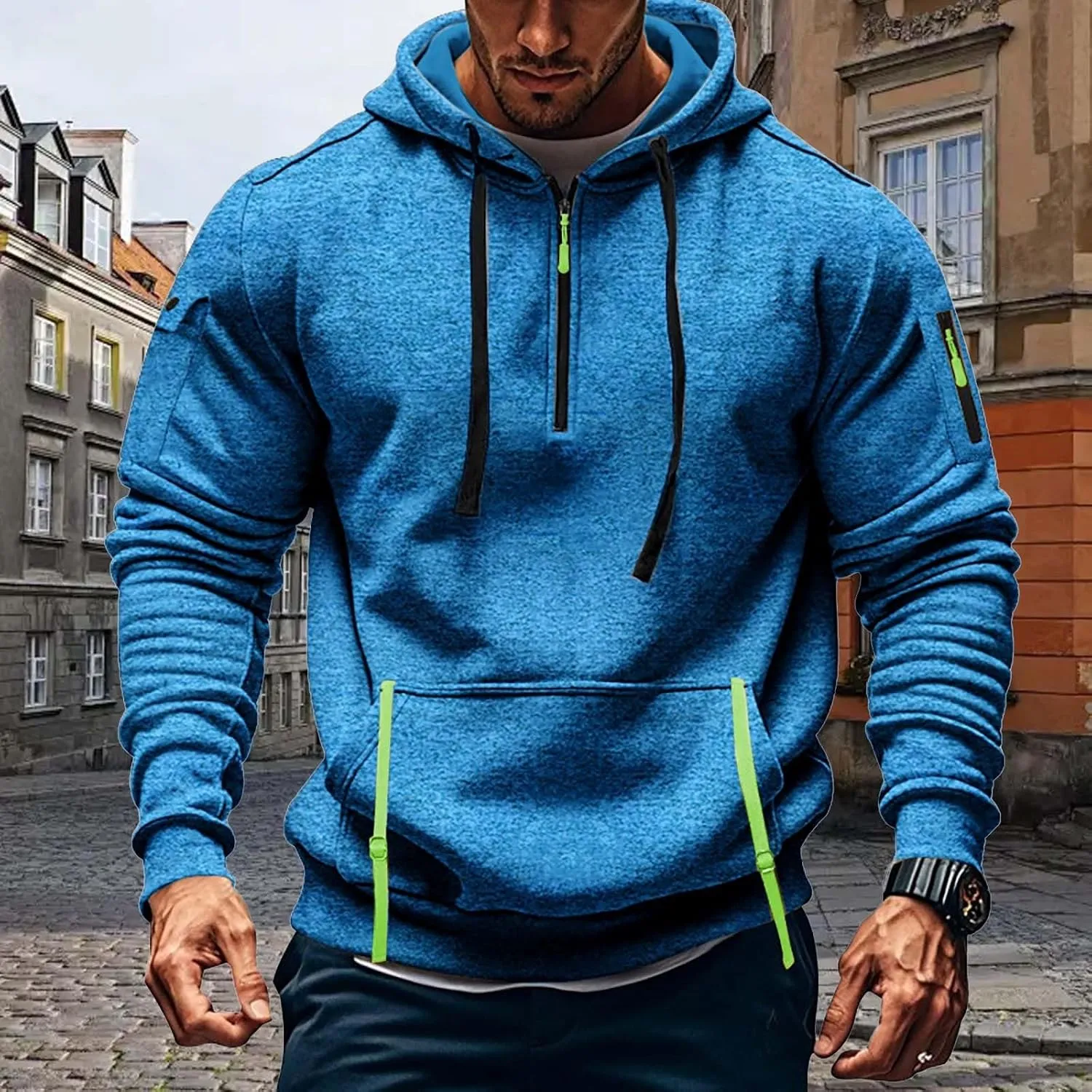 Tactical Hoodies Men Quarter Zip Pullover Vintage Workout Hoodies with Zipper Pockets Trendy Military Sweatshirt