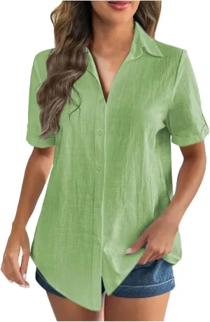 TANGNADE Linen Button Up Shirts Rolled Cuffed Short Sleeve Women Casual Loose Collared Tunic Tops Ladies Work Office Blouse