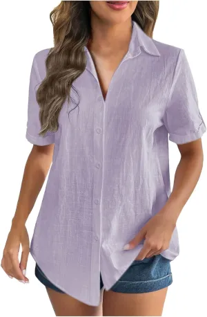 TANGNADE Linen Button Up Shirts Rolled Cuffed Short Sleeve Women Casual Loose Collared Tunic Tops Ladies Work Office Blouse