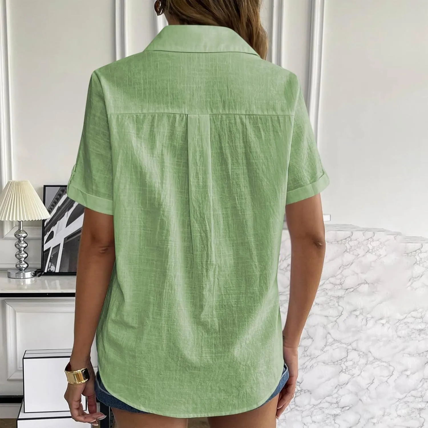 TANGNADE Linen Button Up Shirts Rolled Cuffed Short Sleeve Women Casual Loose Collared Tunic Tops Ladies Work Office Blouse