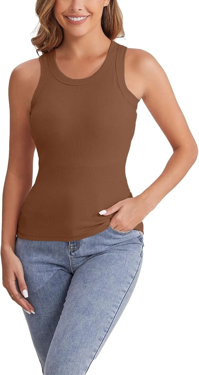 Tank Tops for Women 2025 Built in Shelf Bra Spaghetti Strap Summer Camisole U Neck Slim Fit Ribbed Sleeveless Shirts