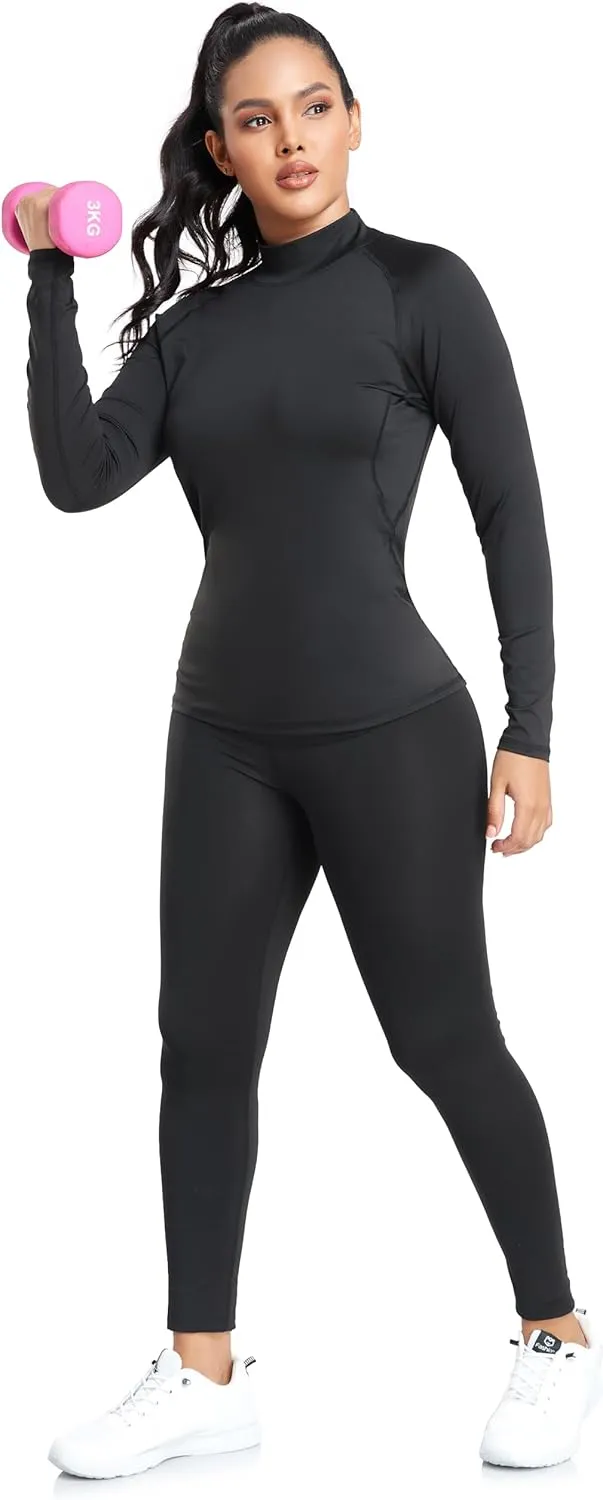 TELALEO 4 Pack Women's Thermal Long Sleeve Tops Mock Neck Shirts, Fleece Lined Compression Turtleneck Base Layer