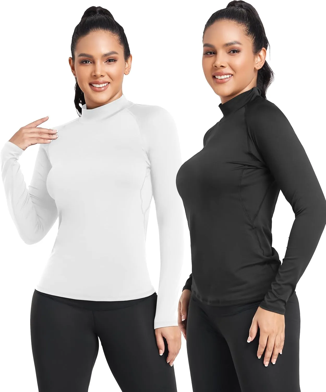 TELALEO 4 Pack Women's Thermal Long Sleeve Tops Mock Neck Shirts, Fleece Lined Compression Turtleneck Base Layer