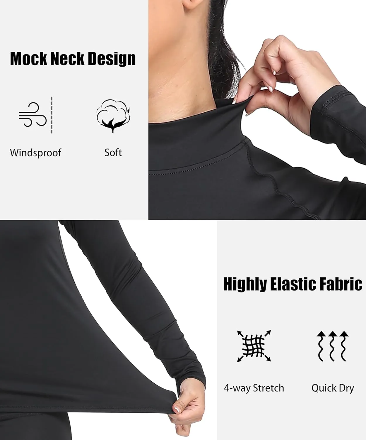 TELALEO 4 Pack Women's Thermal Long Sleeve Tops Mock Neck Shirts, Fleece Lined Compression Turtleneck Base Layer