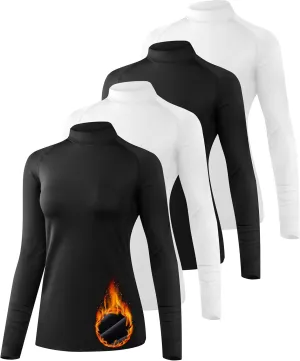 TELALEO 4 Pack Women's Thermal Long Sleeve Tops Mock Neck Shirts, Fleece Lined Compression Turtleneck Base Layer