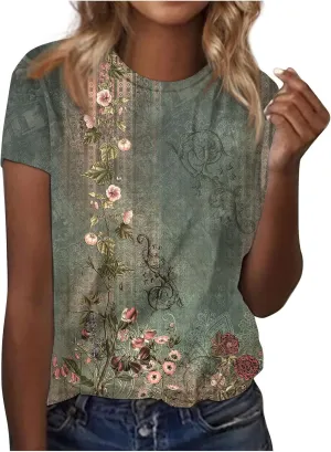 Tops for Women Trendy Casual Round Neck Short Sleeve Top Floral Print Tees Vintage Shirt Loose Lightweight Blouses
