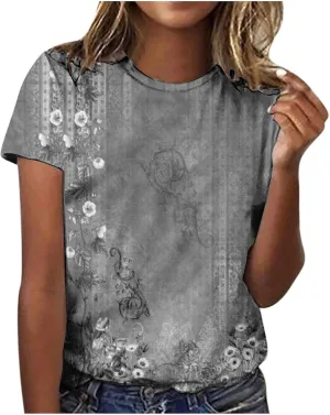 Tops for Women Trendy Casual Round Neck Short Sleeve Top Floral Print Tees Vintage Shirt Loose Lightweight Blouses