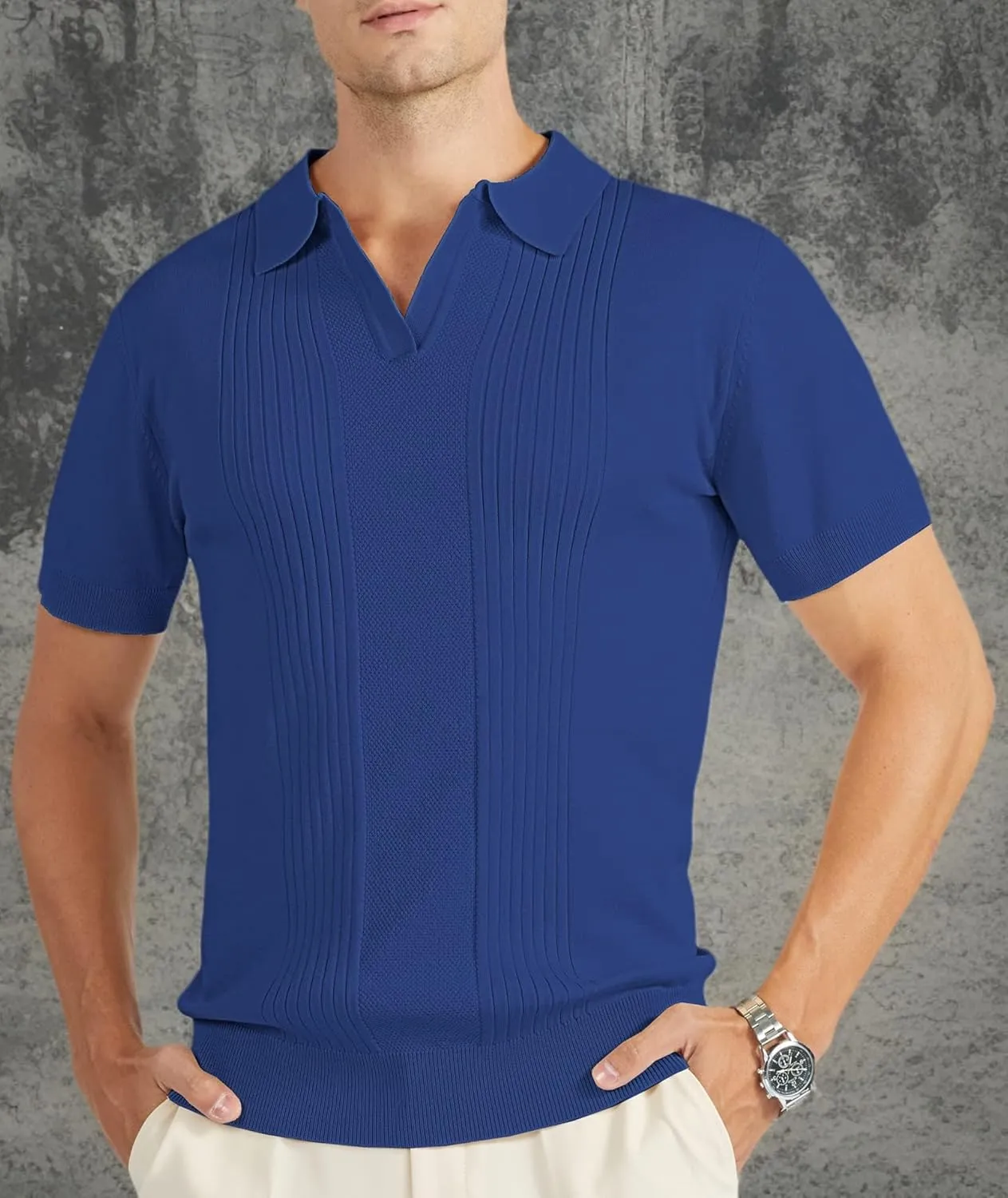 V VALANCH Mens Knit Polo Shirts Short Sleeve Vintage Sweater Polo Summer Casual Shirts Golf Pullover