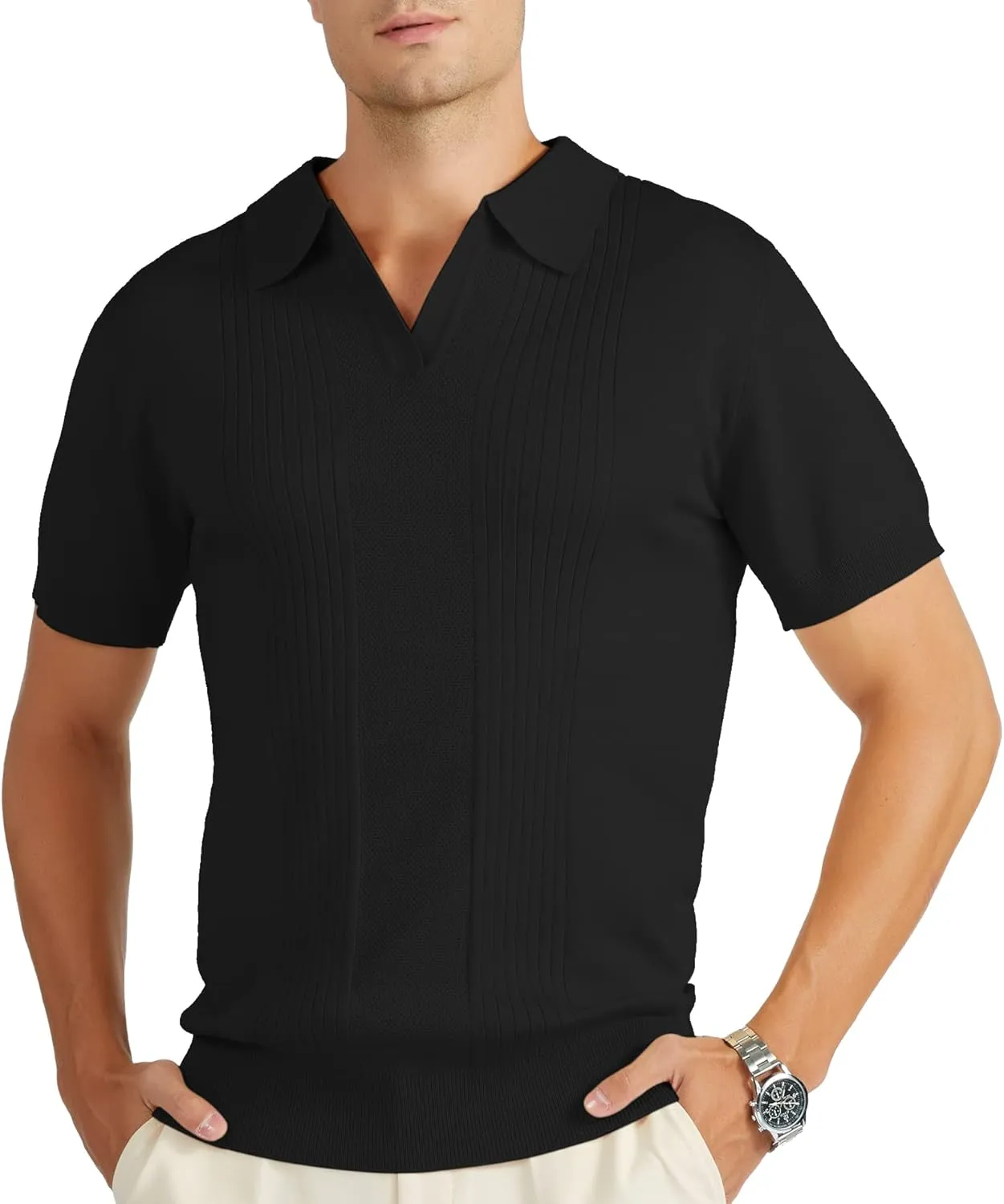 V VALANCH Mens Knit Polo Shirts Short Sleeve Vintage Sweater Polo Summer Casual Shirts Golf Pullover