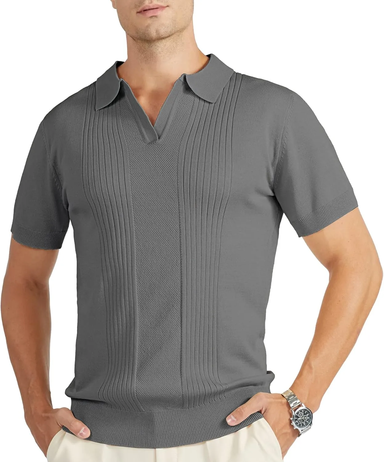 V VALANCH Mens Knit Polo Shirts Short Sleeve Vintage Sweater Polo Summer Casual Shirts Golf Pullover