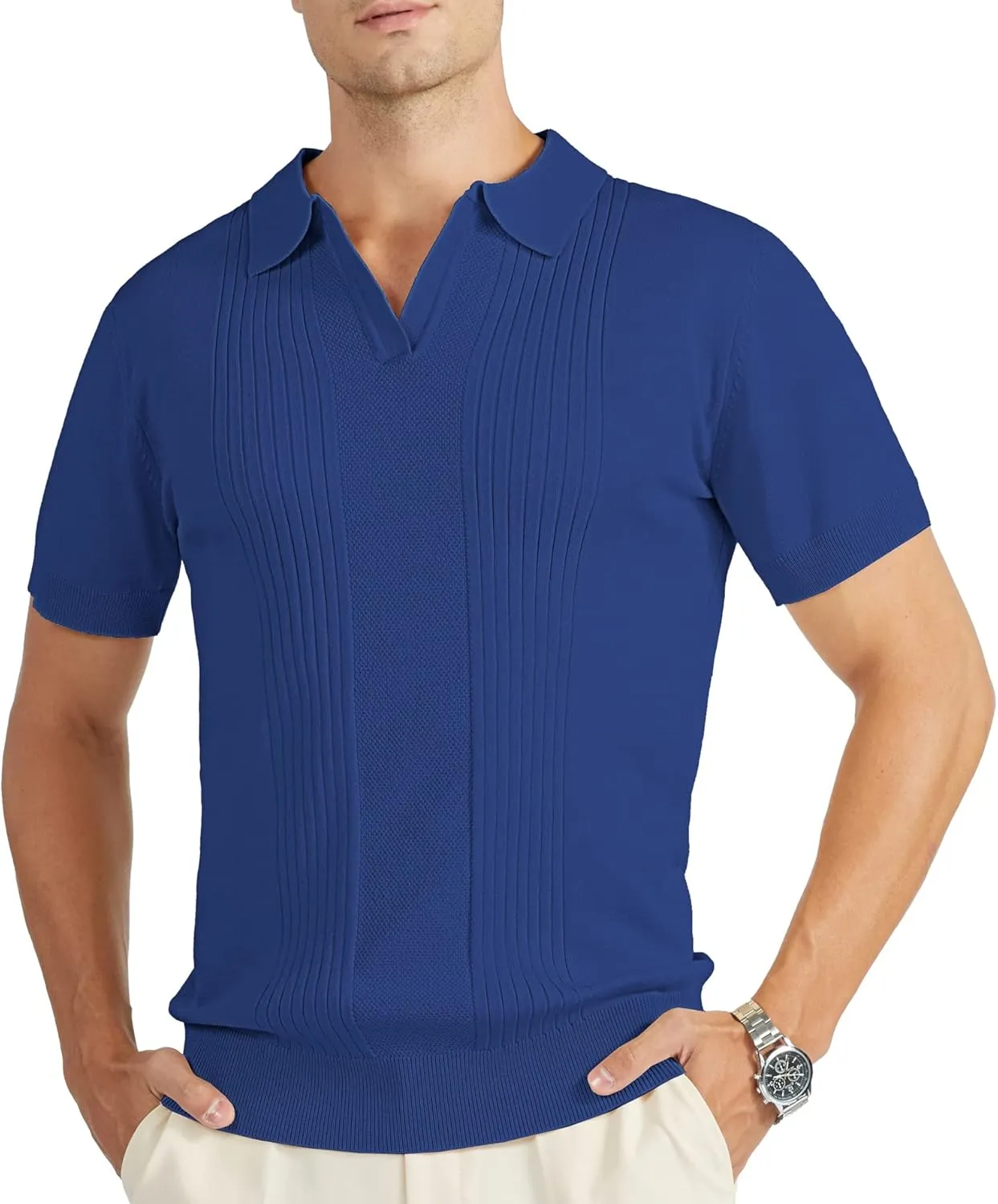 V VALANCH Mens Knit Polo Shirts Short Sleeve Vintage Sweater Polo Summer Casual Shirts Golf Pullover