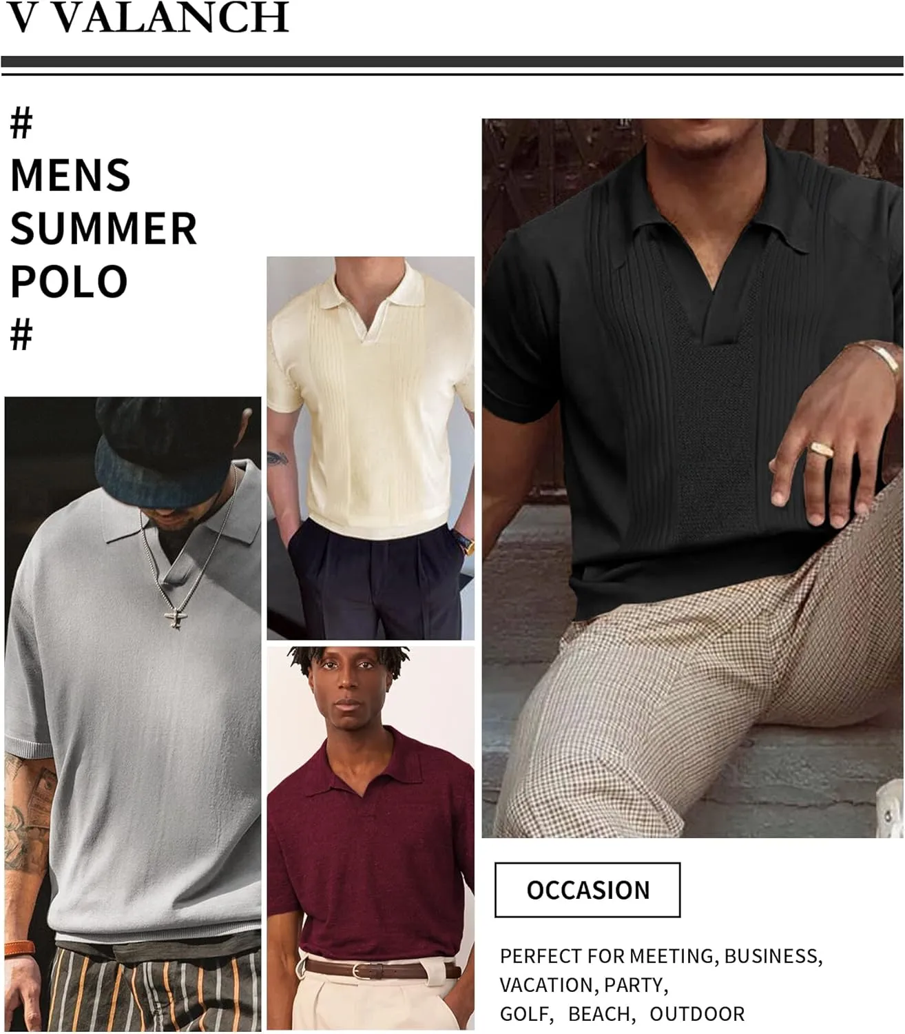 V VALANCH Mens Knit Polo Shirts Short Sleeve Vintage Sweater Polo Summer Casual Shirts Golf Pullover