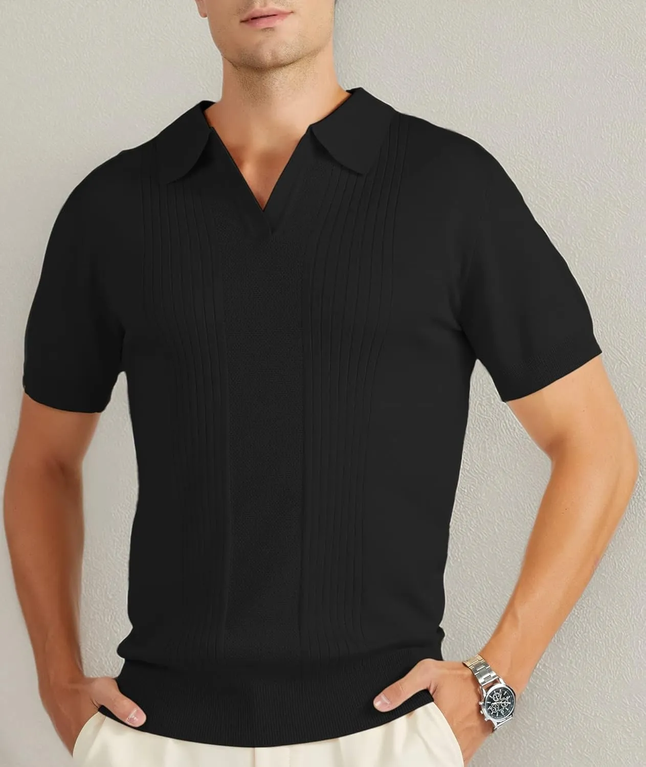 V VALANCH Mens Knit Polo Shirts Short Sleeve Vintage Sweater Polo Summer Casual Shirts Golf Pullover