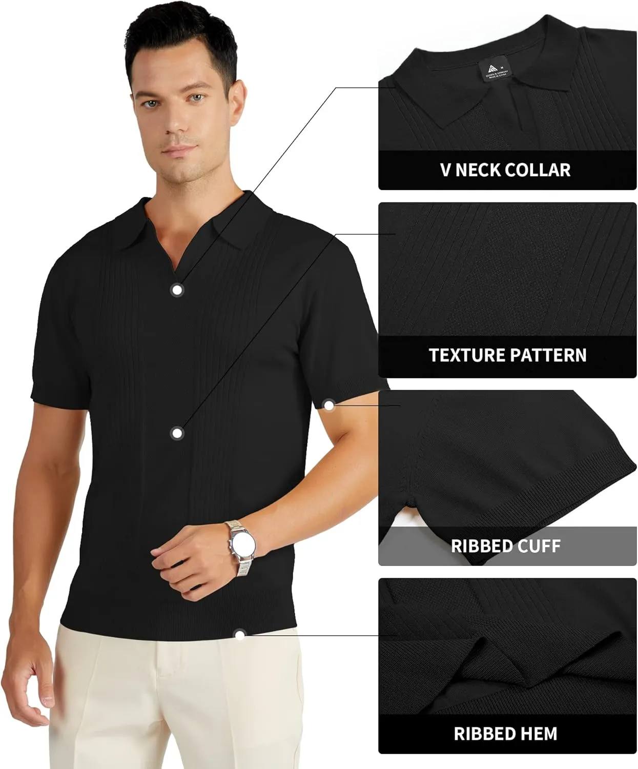 V VALANCH Mens Knit Polo Shirts Short Sleeve Vintage Sweater Polo Summer Casual Shirts Golf Pullover