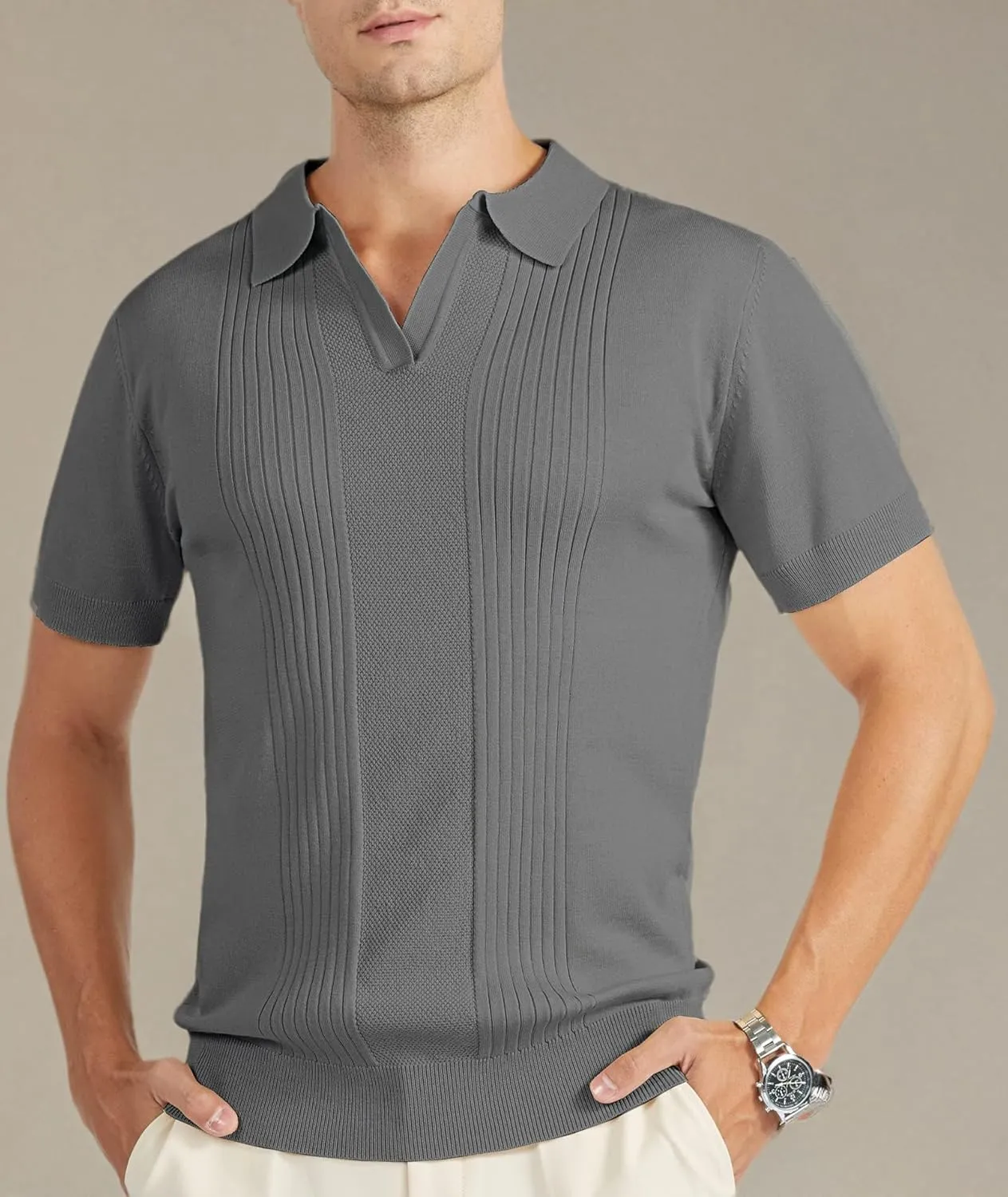 V VALANCH Mens Knit Polo Shirts Short Sleeve Vintage Sweater Polo Summer Casual Shirts Golf Pullover
