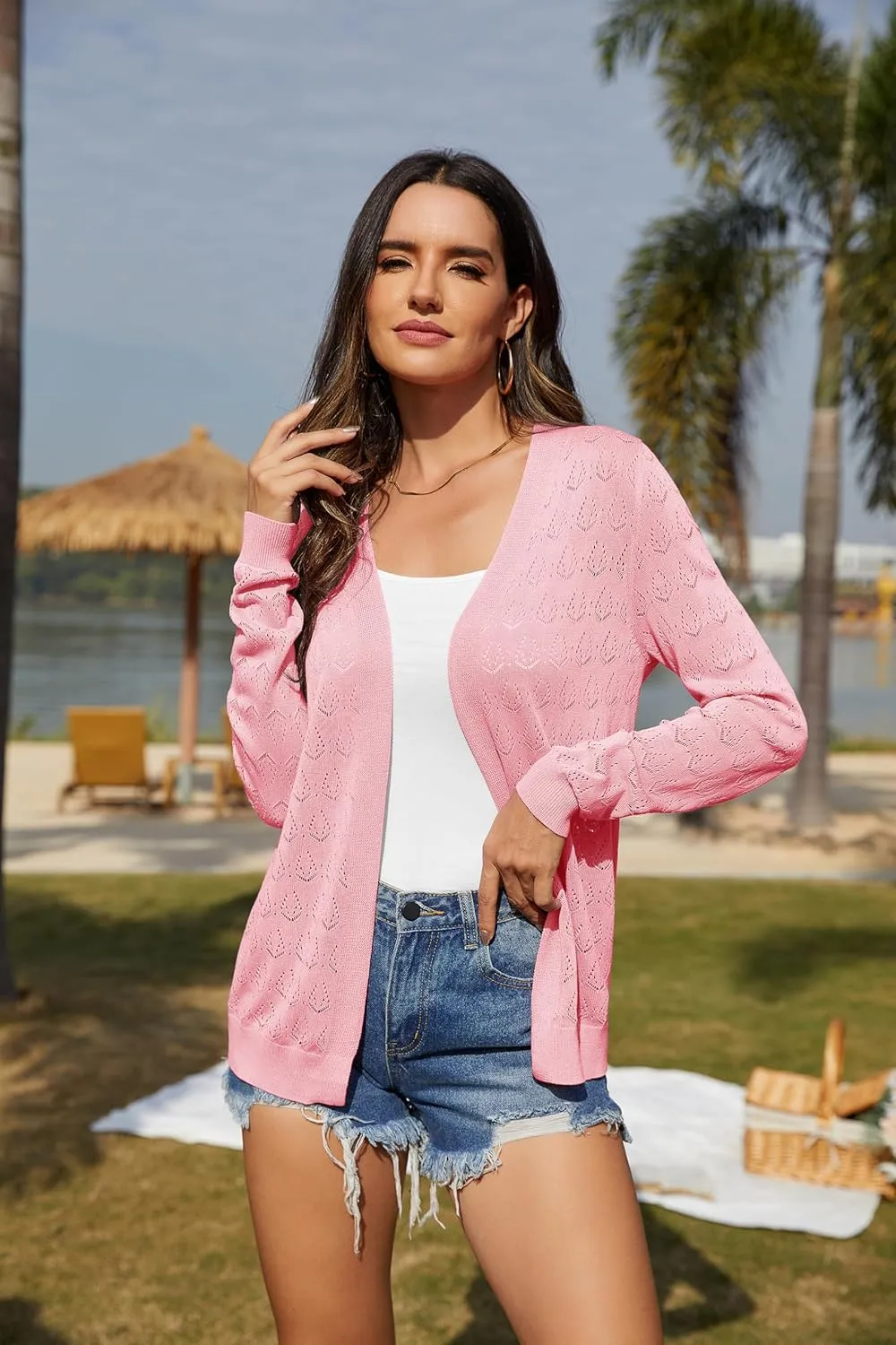 VIISHOW Women's Lightweight Crochet Knit Cardigan Open Front Long Sleeve Hollow Out Soft Shrug Sweater