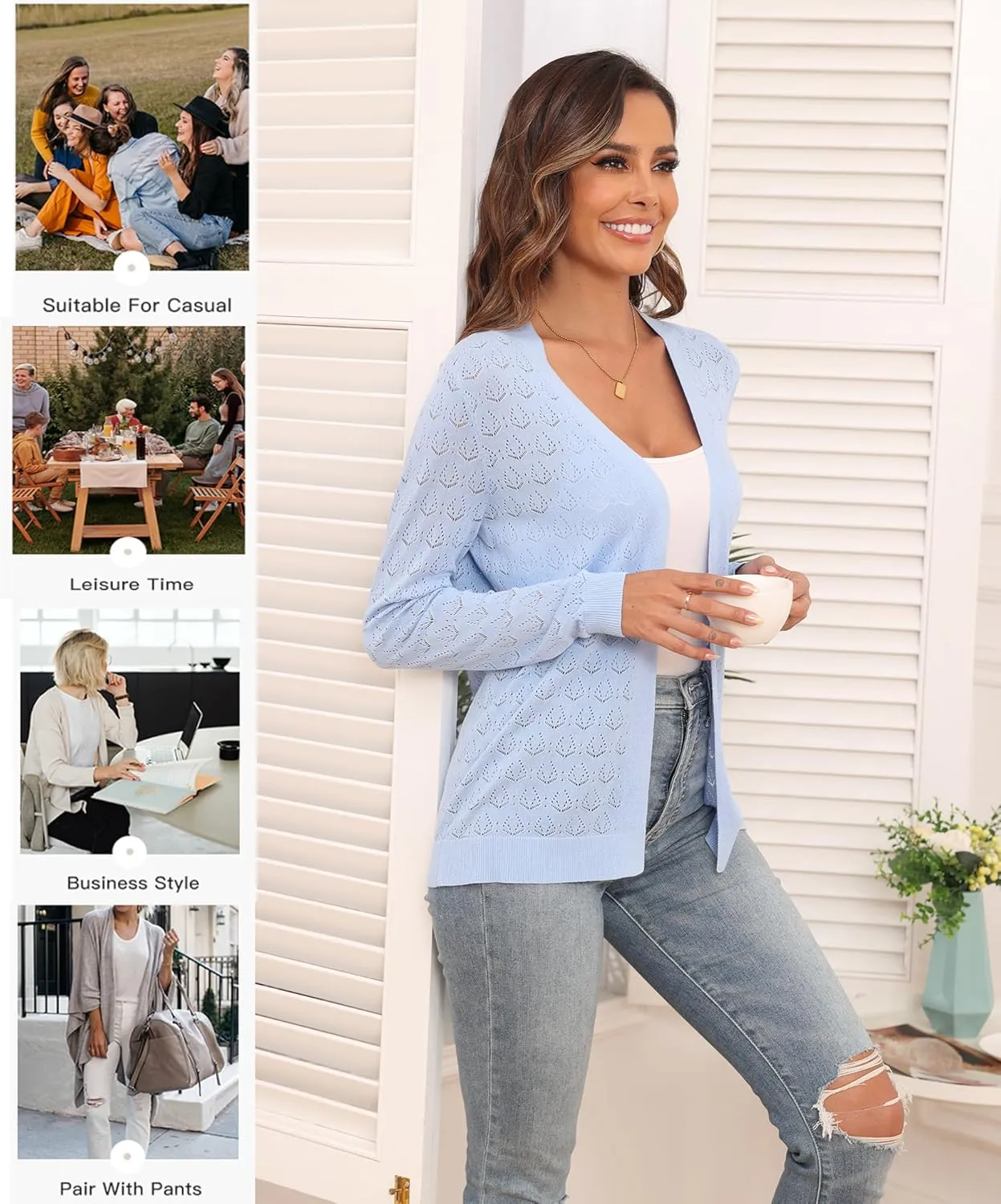 VIISHOW Women's Lightweight Crochet Knit Cardigan Open Front Long Sleeve Hollow Out Soft Shrug Sweater