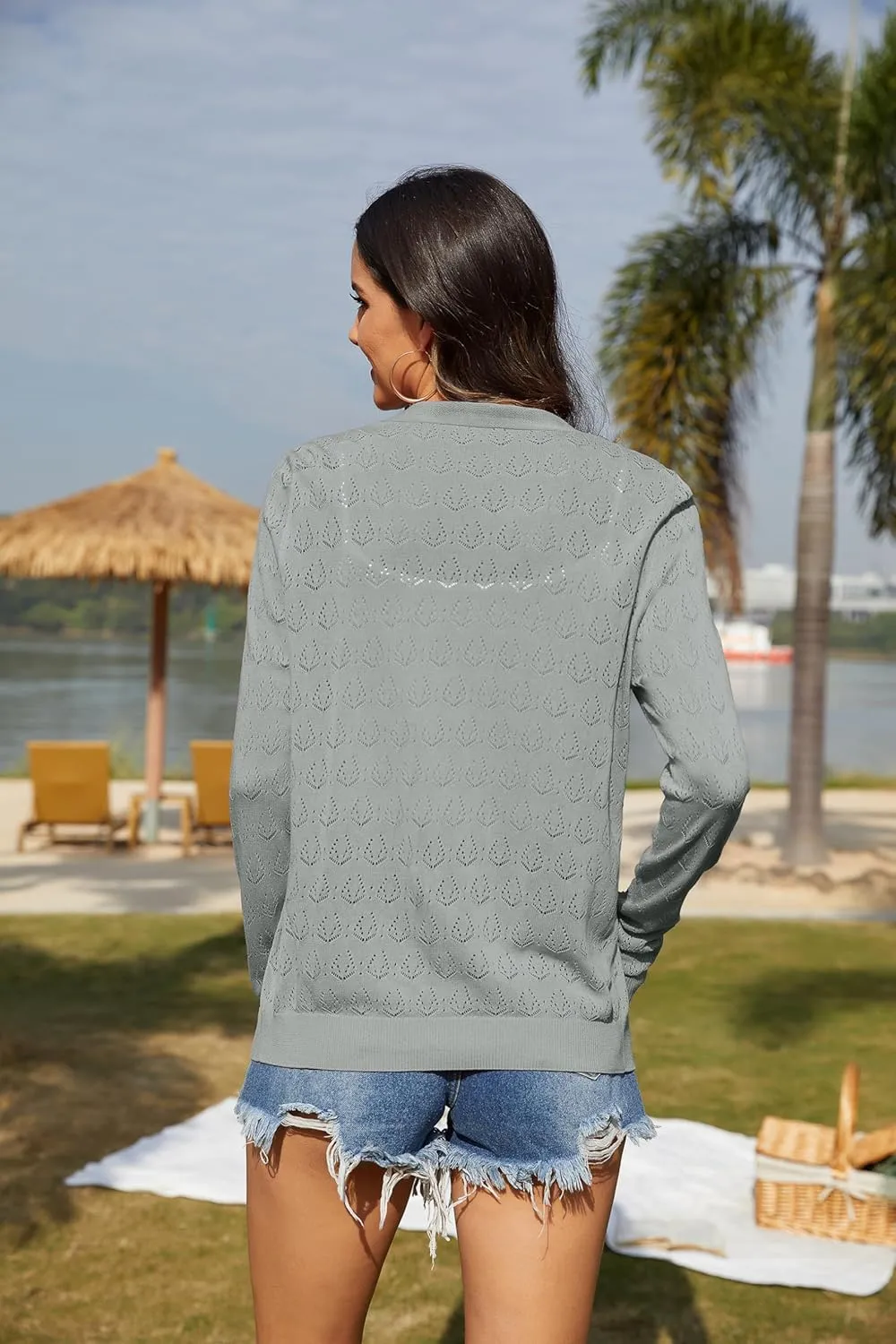 VIISHOW Women's Lightweight Crochet Knit Cardigan Open Front Long Sleeve Hollow Out Soft Shrug Sweater