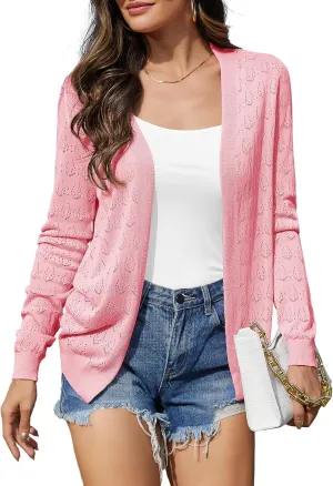 VIISHOW Women's Lightweight Crochet Knit Cardigan Open Front Long Sleeve Hollow Out Soft Shrug Sweater