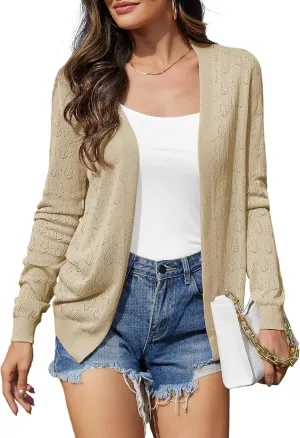 VIISHOW Women's Lightweight Crochet Knit Cardigan Open Front Long Sleeve Hollow Out Soft Shrug Sweater