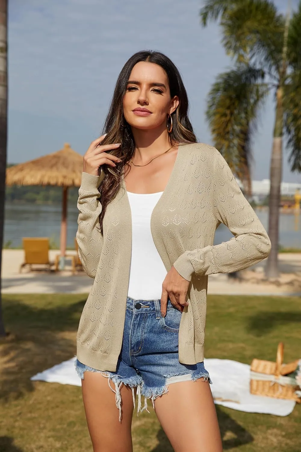 VIISHOW Women's Lightweight Crochet Knit Cardigan Open Front Long Sleeve Hollow Out Soft Shrug Sweater