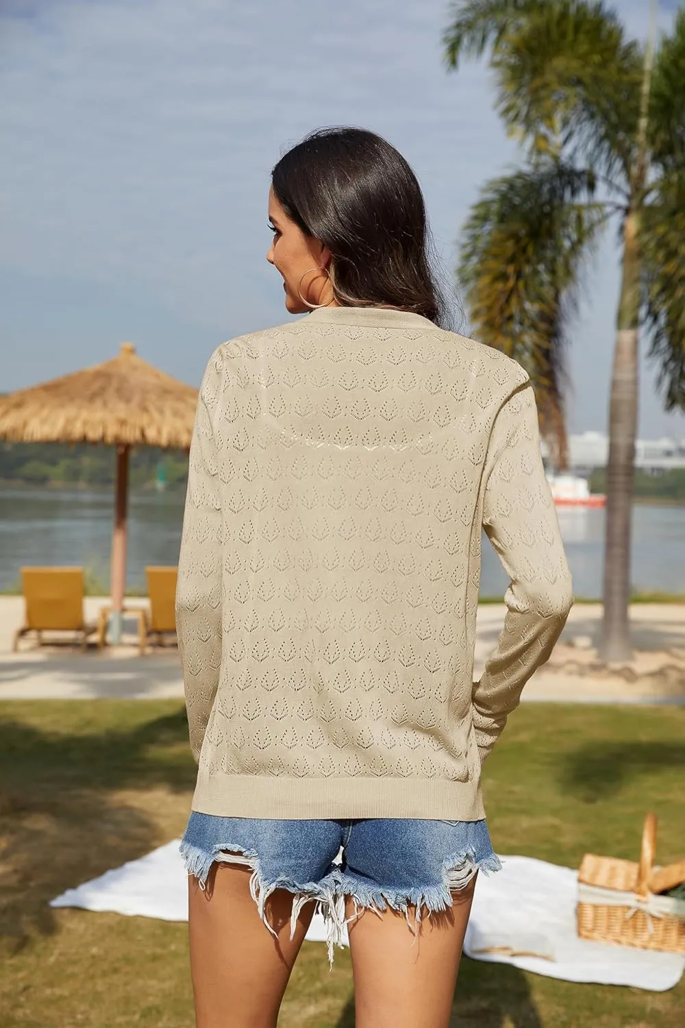 VIISHOW Women's Lightweight Crochet Knit Cardigan Open Front Long Sleeve Hollow Out Soft Shrug Sweater