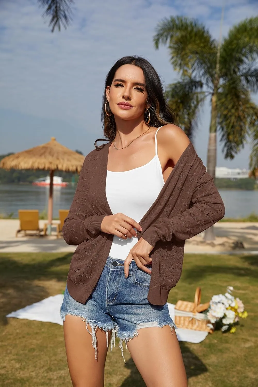 VIISHOW Women's Lightweight Crochet Knit Cardigan Open Front Long Sleeve Hollow Out Soft Shrug Sweater