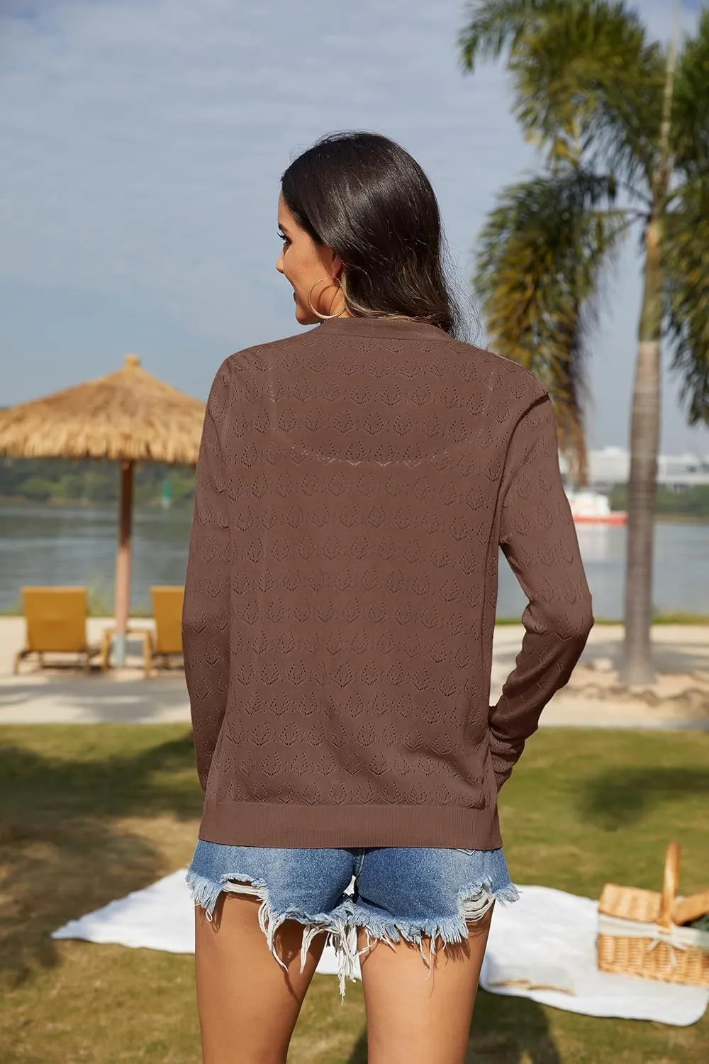 VIISHOW Women's Lightweight Crochet Knit Cardigan Open Front Long Sleeve Hollow Out Soft Shrug Sweater