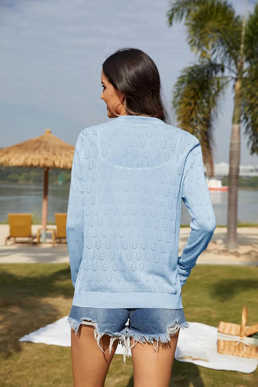 VIISHOW Women's Lightweight Crochet Knit Cardigan Open Front Long Sleeve Hollow Out Soft Shrug Sweater
