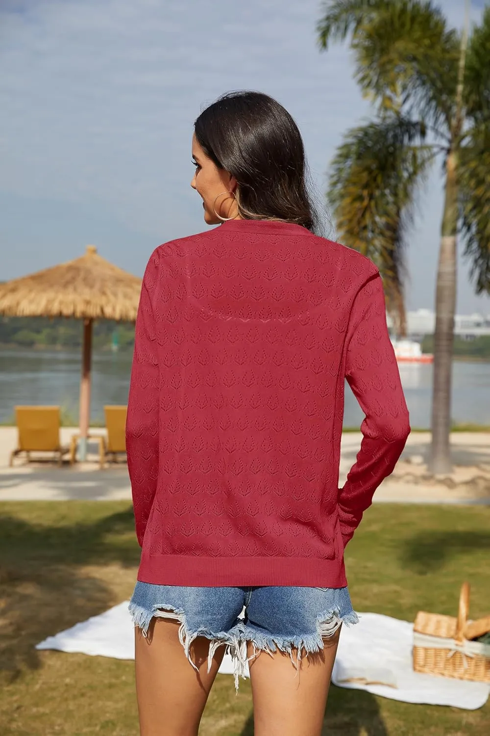 VIISHOW Women's Lightweight Crochet Knit Cardigan Open Front Long Sleeve Hollow Out Soft Shrug Sweater