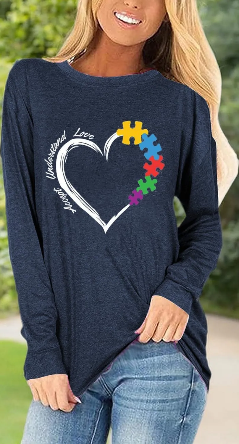 Woffccrd Long Sleeve T-Shirts Happy Easter Shirts Crew Neck Autism Awareness Shirts Spring Tops