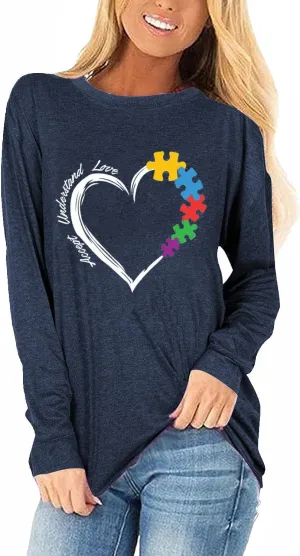 Woffccrd Long Sleeve T-Shirts Happy Easter Shirts Crew Neck Autism Awareness Shirts Spring Tops