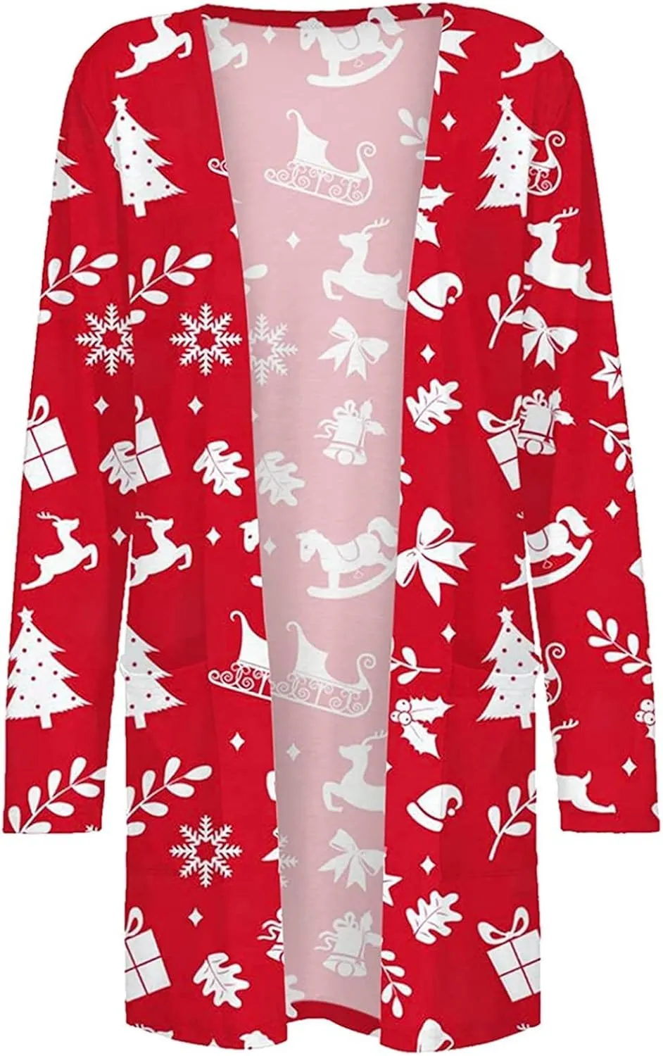 Woman Christmas Sweater Snowflake Print Long Sleeve Open Front Cardigan Fall Casual Loose Fit Clothing with Pockets