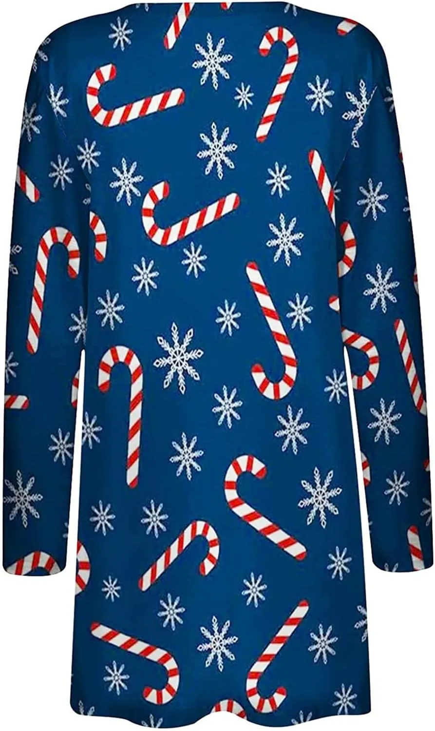 Woman Christmas Sweater Snowflake Print Long Sleeve Open Front Cardigan Fall Casual Loose Fit Clothing with Pockets