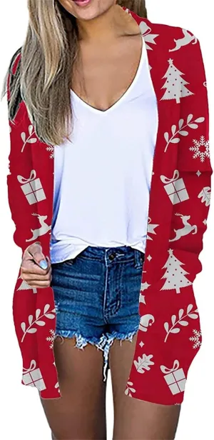 Woman Christmas Sweater Snowflake Print Long Sleeve Open Front Cardigan Fall Casual Loose Fit Clothing with Pockets