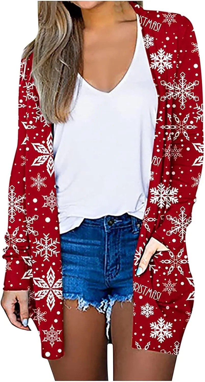 Woman Christmas Sweater Snowflake Print Long Sleeve Open Front Cardigan Fall Casual Loose Fit Clothing with Pockets