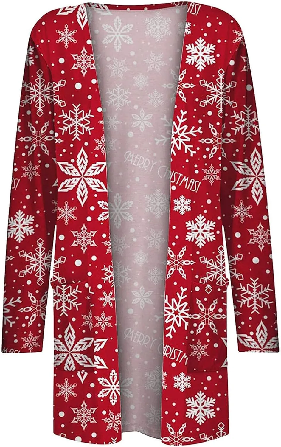 Woman Christmas Sweater Snowflake Print Long Sleeve Open Front Cardigan Fall Casual Loose Fit Clothing with Pockets