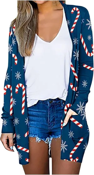 Woman Christmas Sweater Snowflake Print Long Sleeve Open Front Cardigan Fall Casual Loose Fit Clothing with Pockets