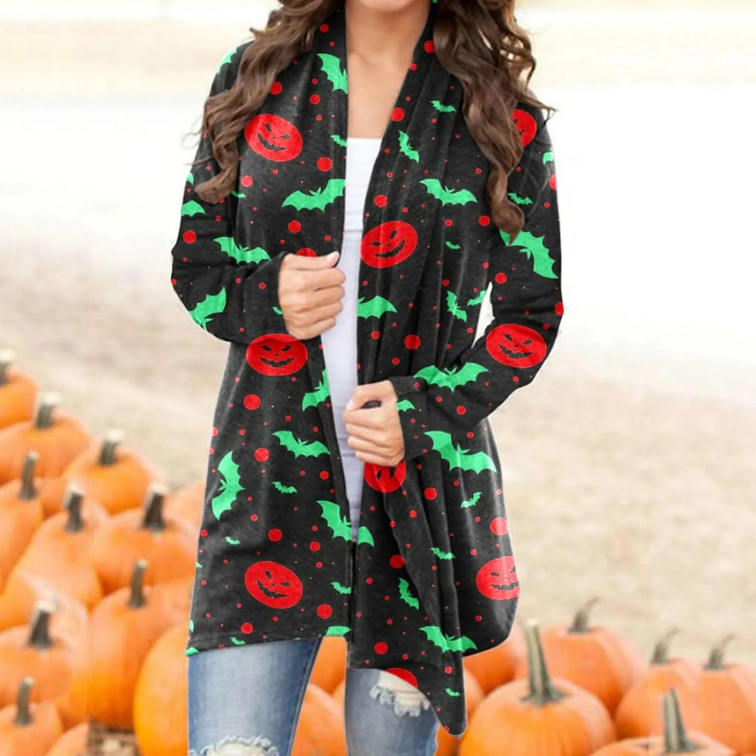 Women Cardigans Women's Long Sleeved Halloween Printed Pocket Cardigan Cardigans for Women Leopard