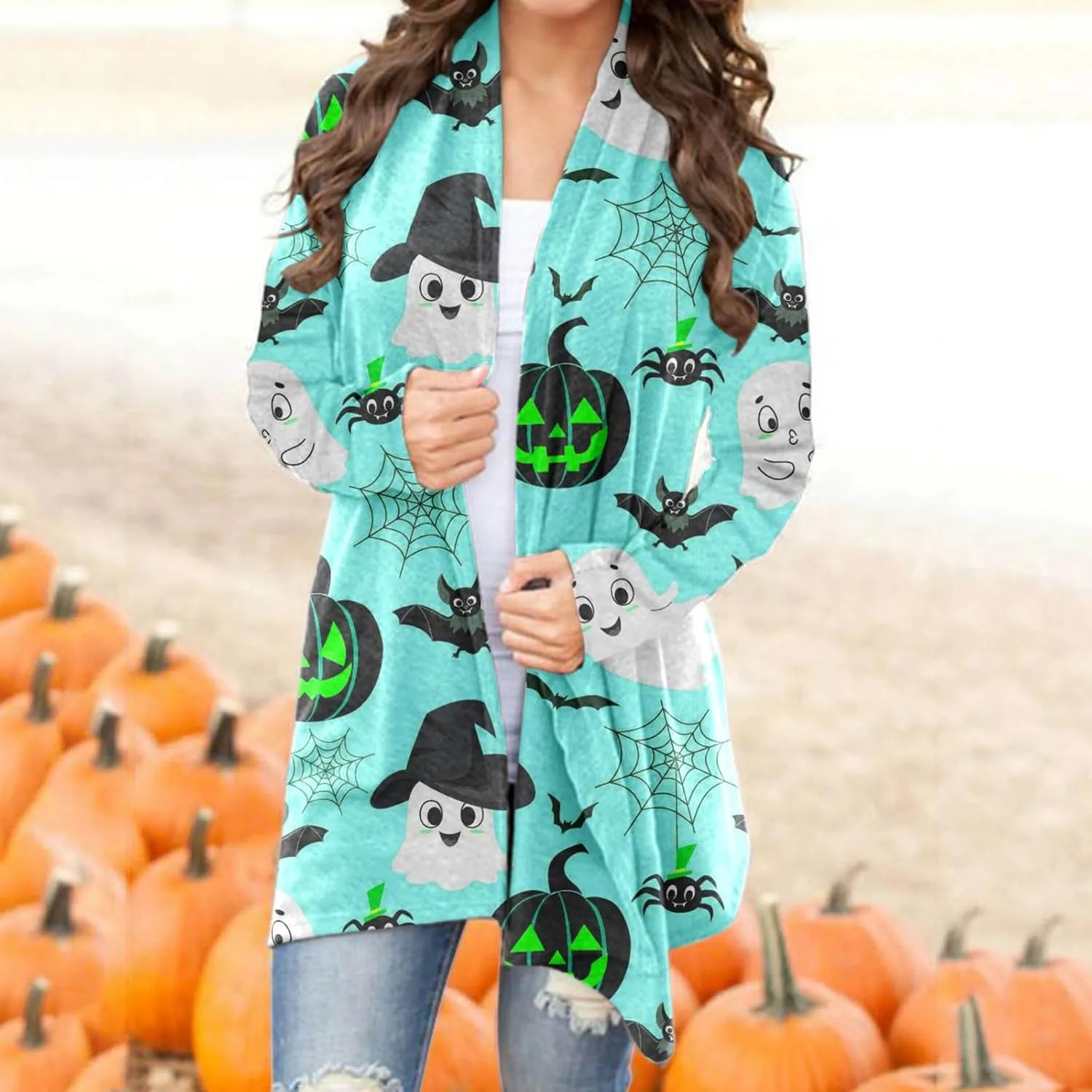 Women Cardigans Women's Long Sleeved Halloween Printed Pocket Cardigan Cardigans for Women Leopard