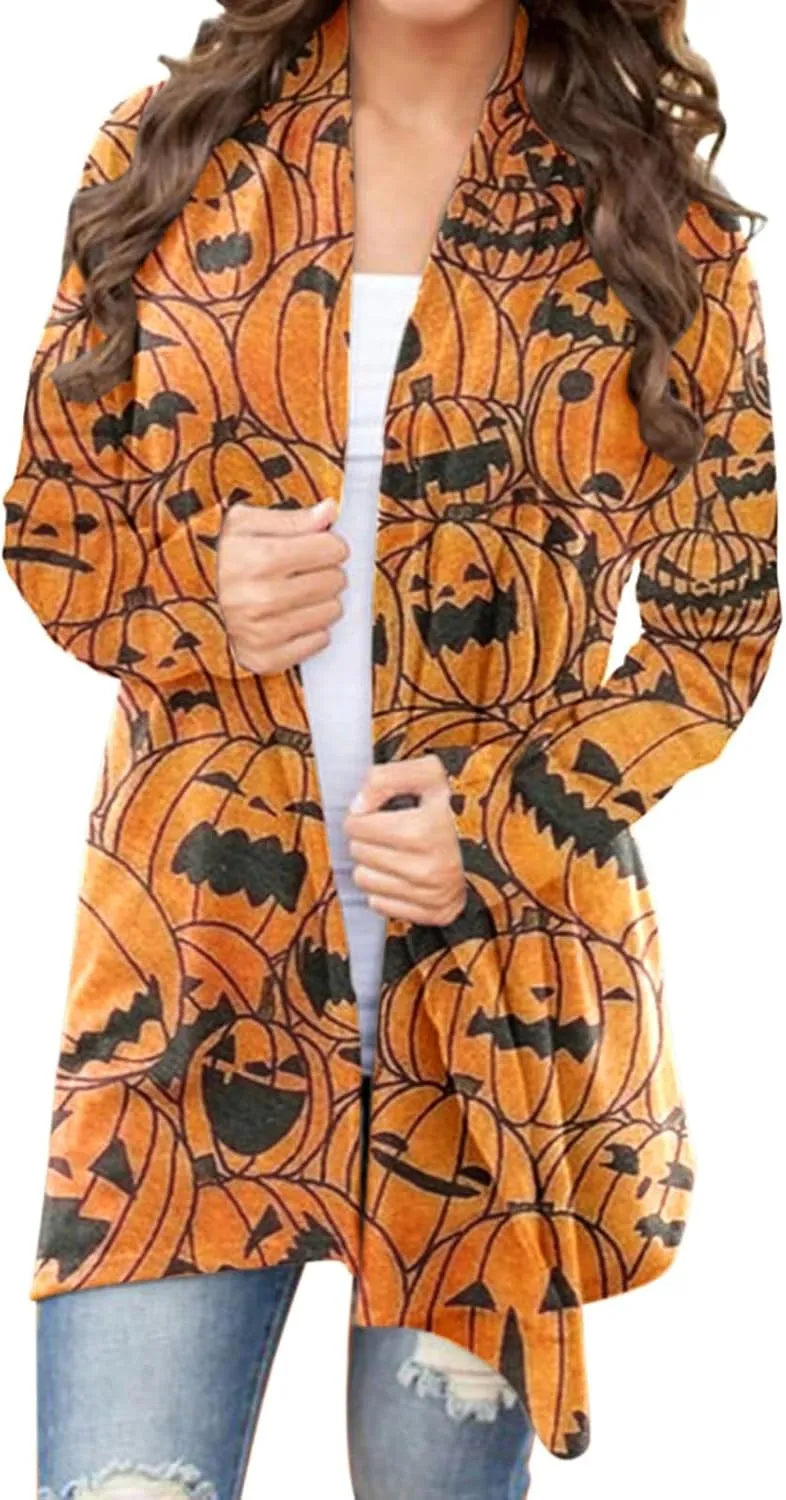 Women Cardigans Women's Long Sleeved Halloween Printed Pocket Cardigan Cardigans for Women Leopard