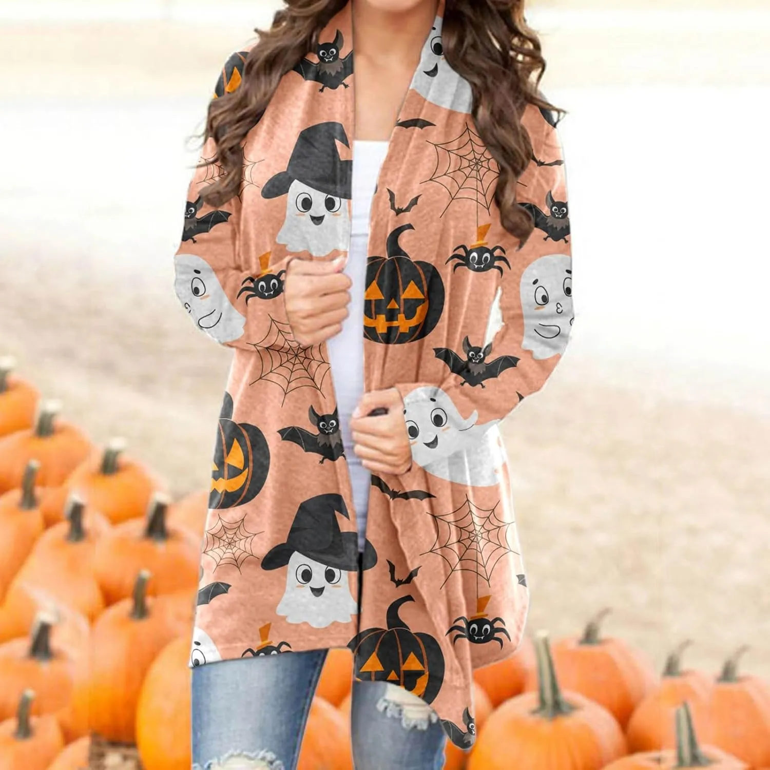 Women Cardigans Women's Long Sleeved Halloween Printed Pocket Cardigan Cardigans for Women Leopard