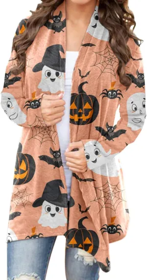 Women Cardigans Women's Long Sleeved Halloween Printed Pocket Cardigan Cardigans for Women Leopard