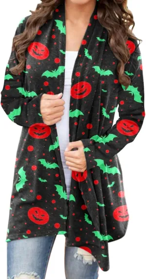 Women Cardigans Women's Long Sleeved Halloween Printed Pocket Cardigan Cardigans for Women Leopard