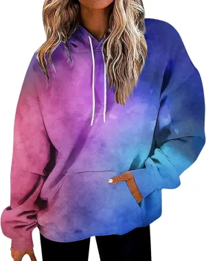 Women Cute Hoodies, Women's Fashion Crewneck Sweatshirts Graphic Daily Long Sleeve Gradient Patchwork Hoodies
