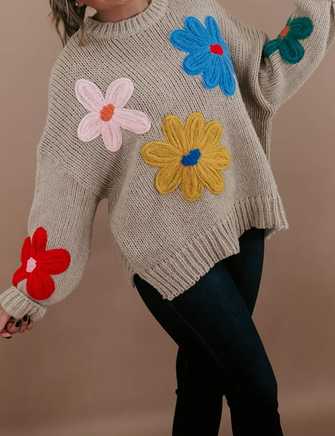 Women Floral Sweater Long Sleeve Round Neck Casual Lounge Colorful Flower Knit Pullover Top